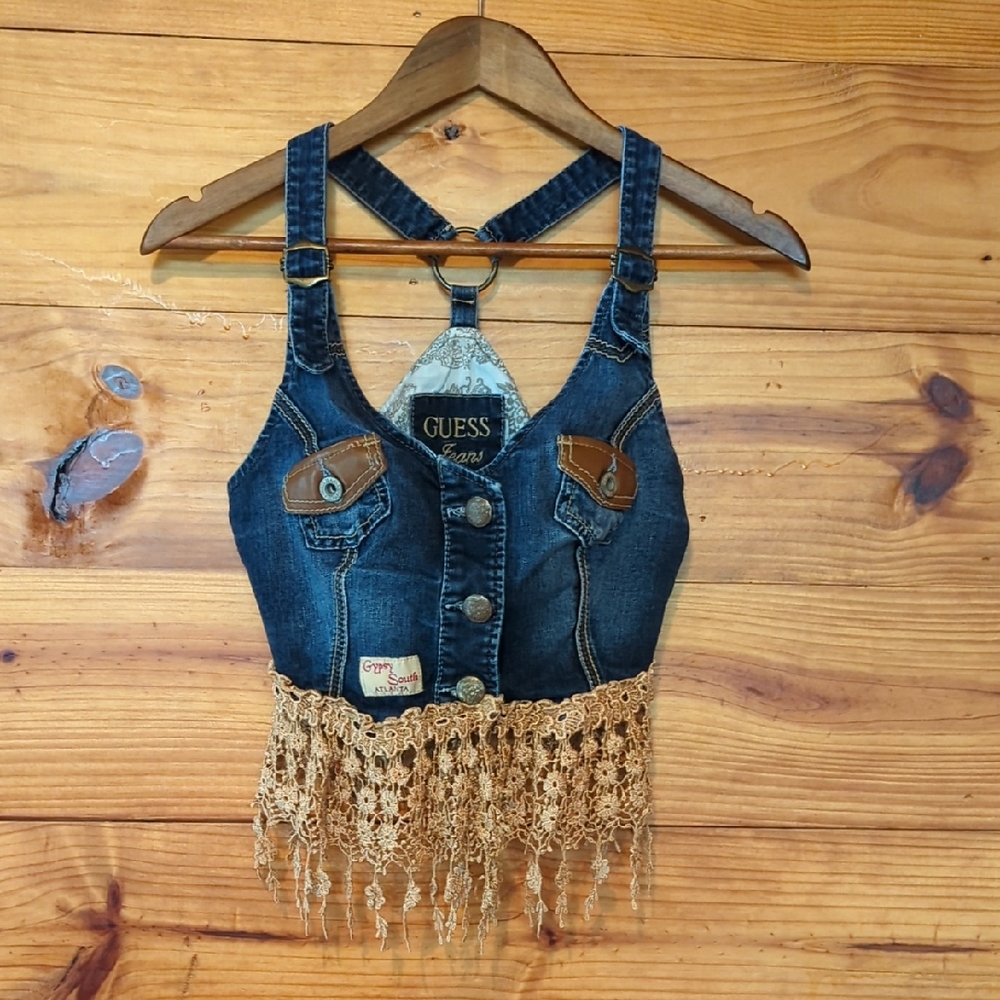 Gypsy South Atlanta Re-worked Denim Festival Crop Top with Fringe SZ M